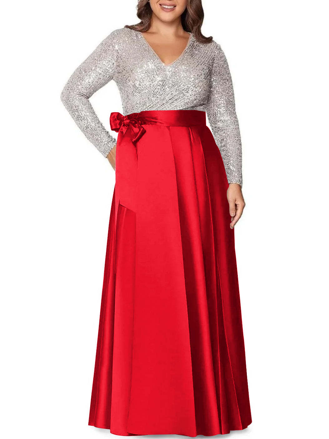 V-Neck A-Line Princess Floor-Length Plus Size Mother of the Bride Dress With Long Sleeves and Pocket Sequins