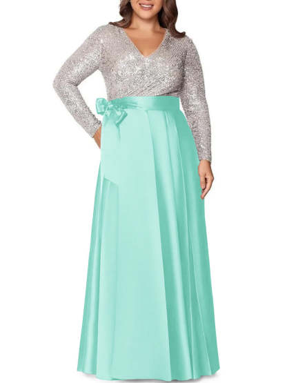 V-Neck A-Line Princess Floor-Length Plus Size Mother of the Bride Dress With Long Sleeves and Pocket Sequins