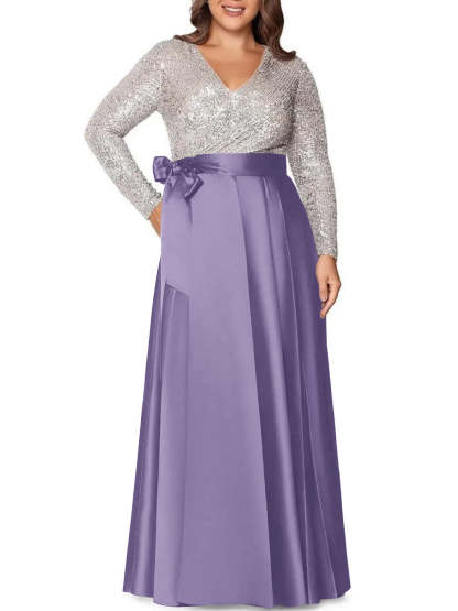 V-Neck A-Line Princess Floor-Length Plus Size Mother of the Bride Dress With Long Sleeves and Pocket Sequins