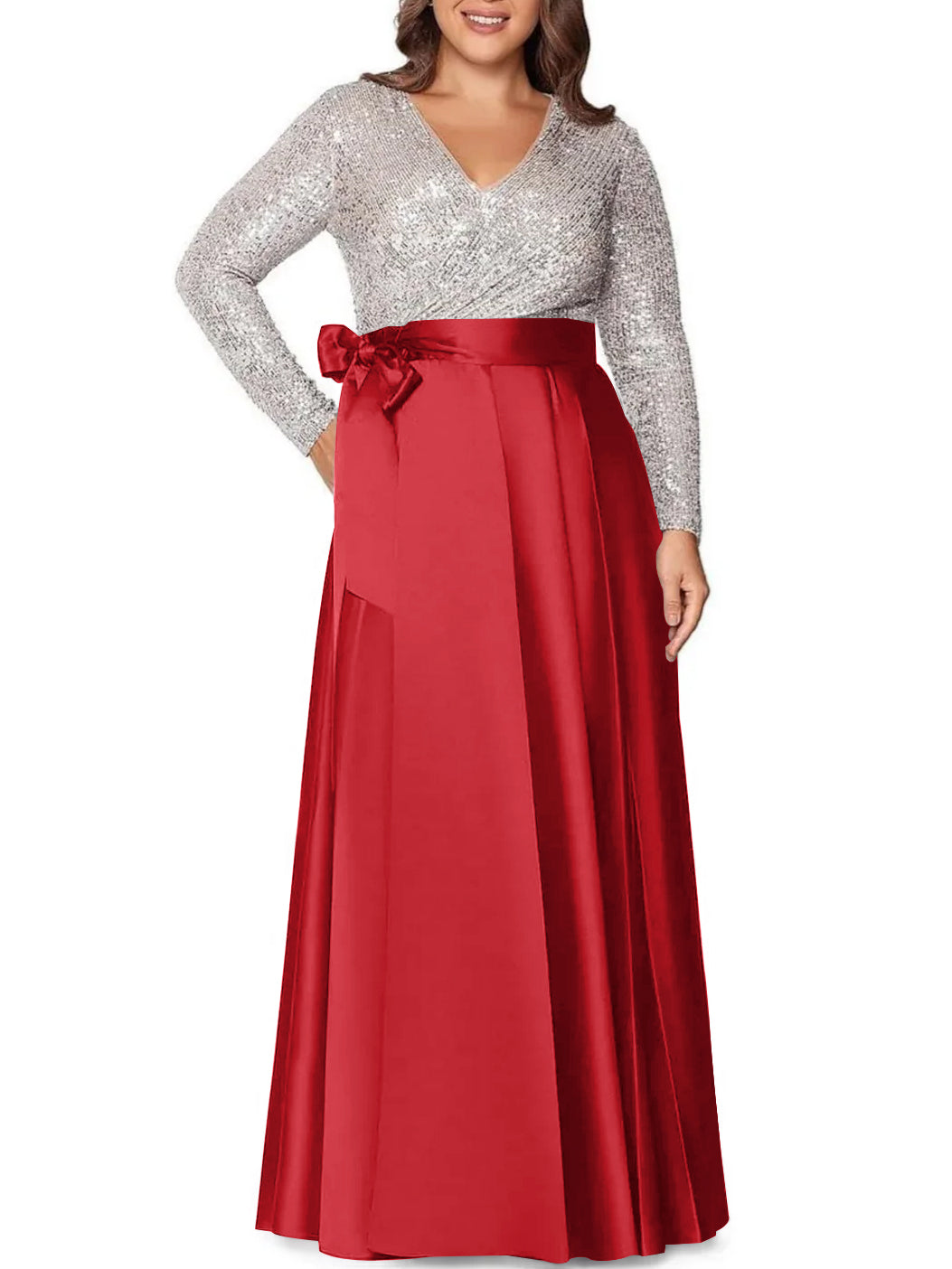 V-Neck A-Line Princess Floor-Length Plus Size Mother of the Bride Dress With Long Sleeves and Pocket Sequins