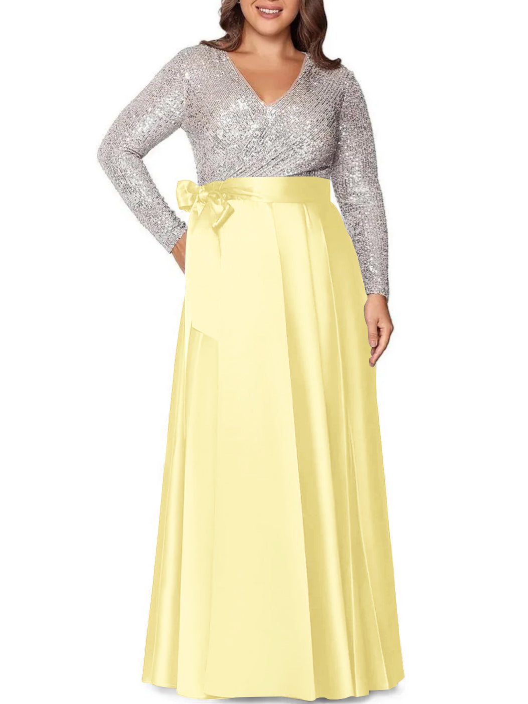 V-Neck A-Line Princess Floor-Length Plus Size Mother of the Bride Dress With Long Sleeves and Pocket Sequins