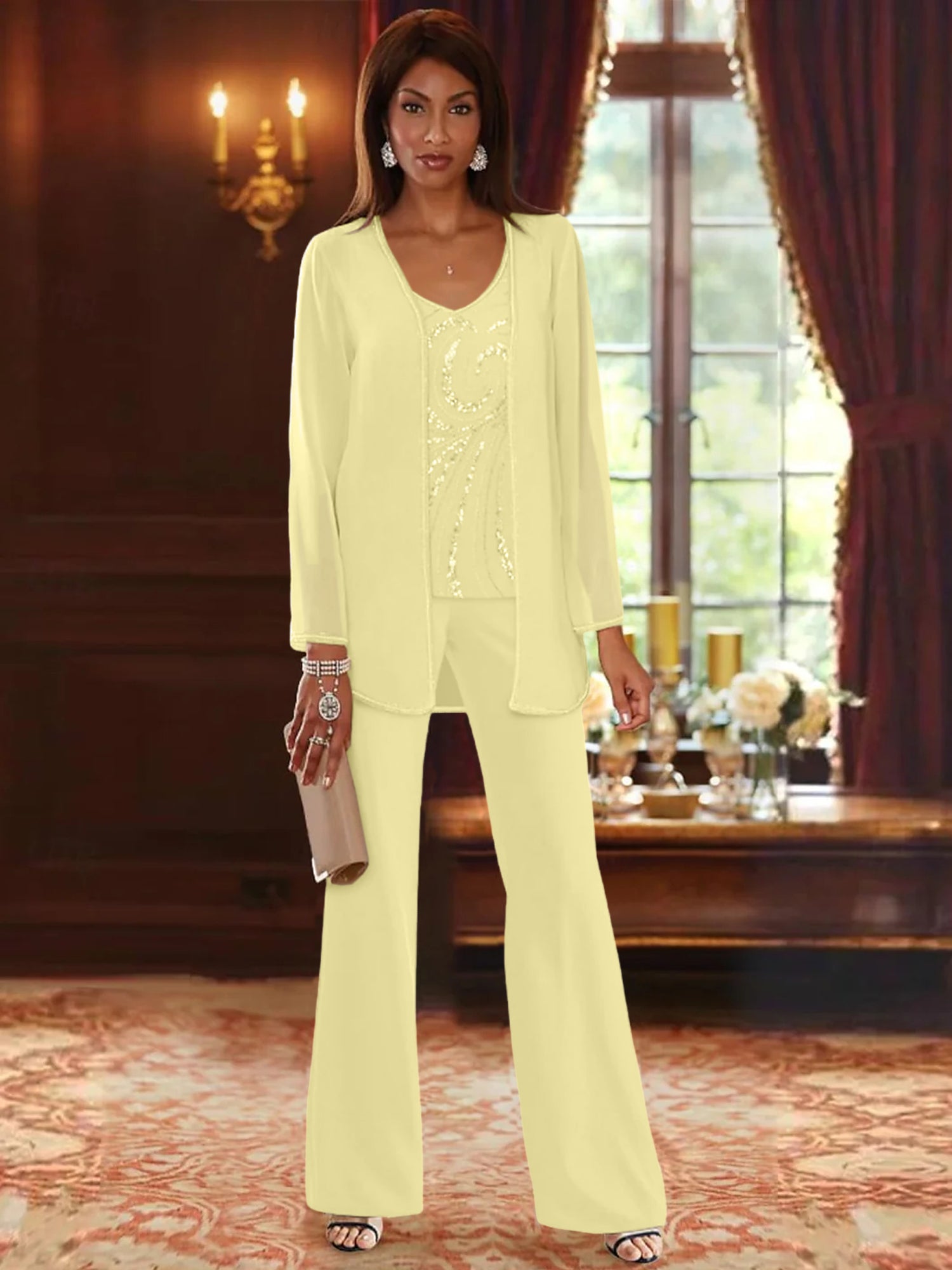 Floor-Length V-Neck Chiffon Pantsuits with Jacket & Sequins for the Mother of the Bride-BMbridal