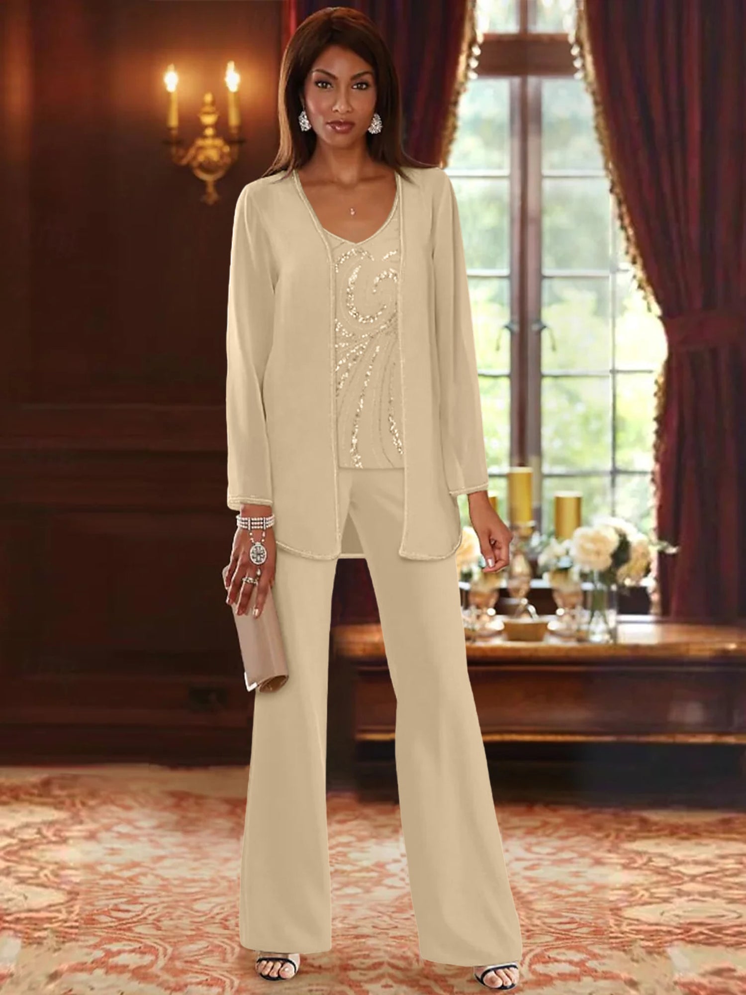 Floor-Length V-Neck Chiffon Pantsuits with Jacket & Sequins for the Mother of the Bride-BMbridal