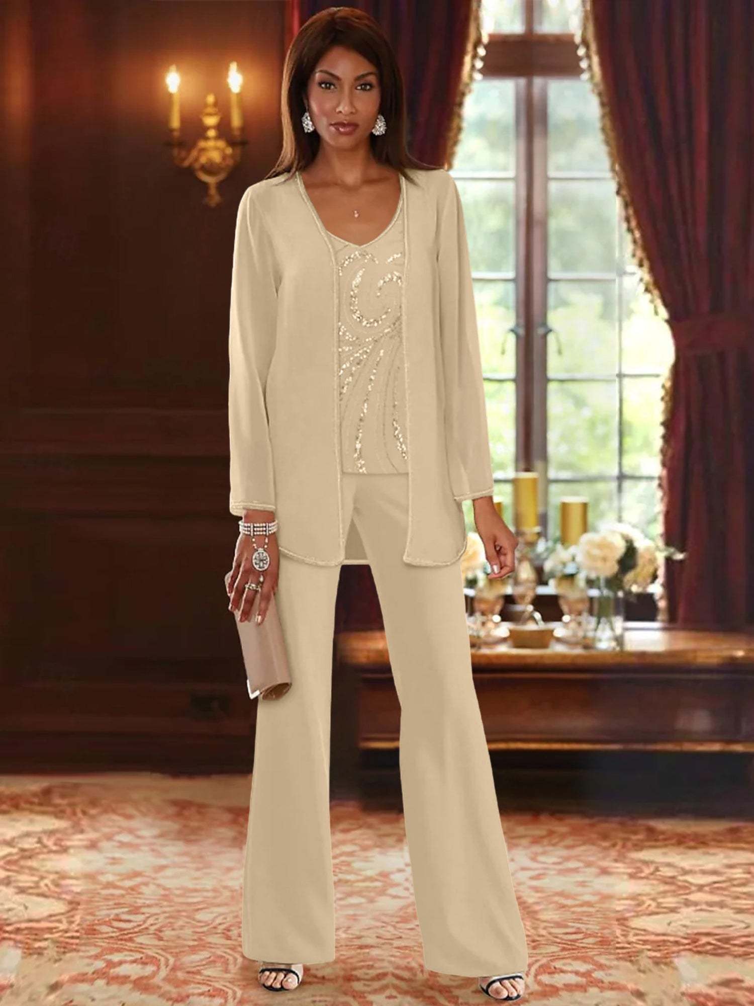 Floor-Length V-Neck Chiffon Pantsuits with Jacket & Sequins for the Mother of the Bride-BMbridal