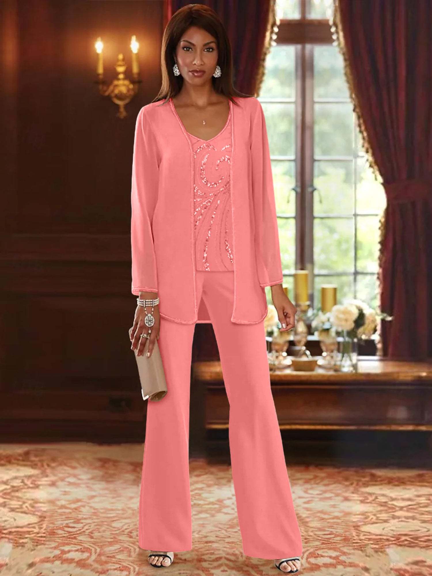Floor-Length V-Neck Chiffon Pantsuits with Jacket & Sequins for the Mother of the Bride-BMbridal