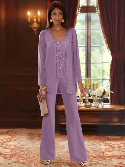Floor-Length V-Neck Chiffon Pantsuits with Jacket & Sequins for the Mother of the Bride-BMbridal
