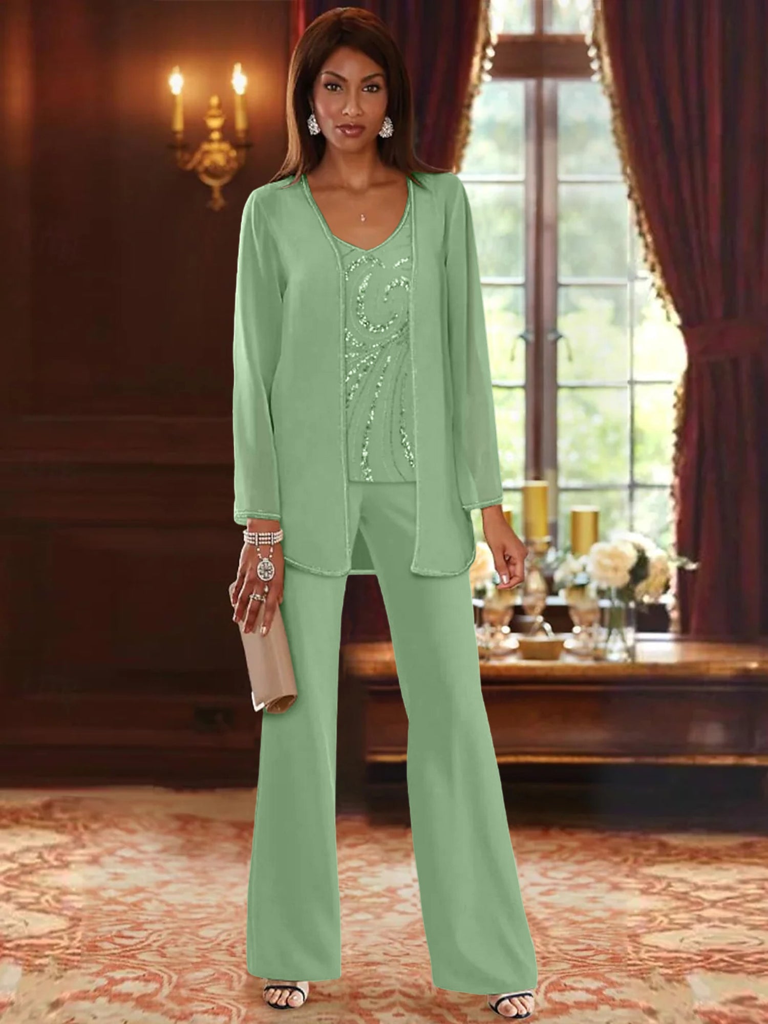 Floor-Length V-Neck Chiffon Pantsuits with Jacket & Sequins for the Mother of the Bride-BMbridal