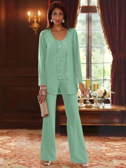 Floor-Length V-Neck Chiffon Pantsuits with Jacket & Sequins for the Mother of the Bride-BMbridal