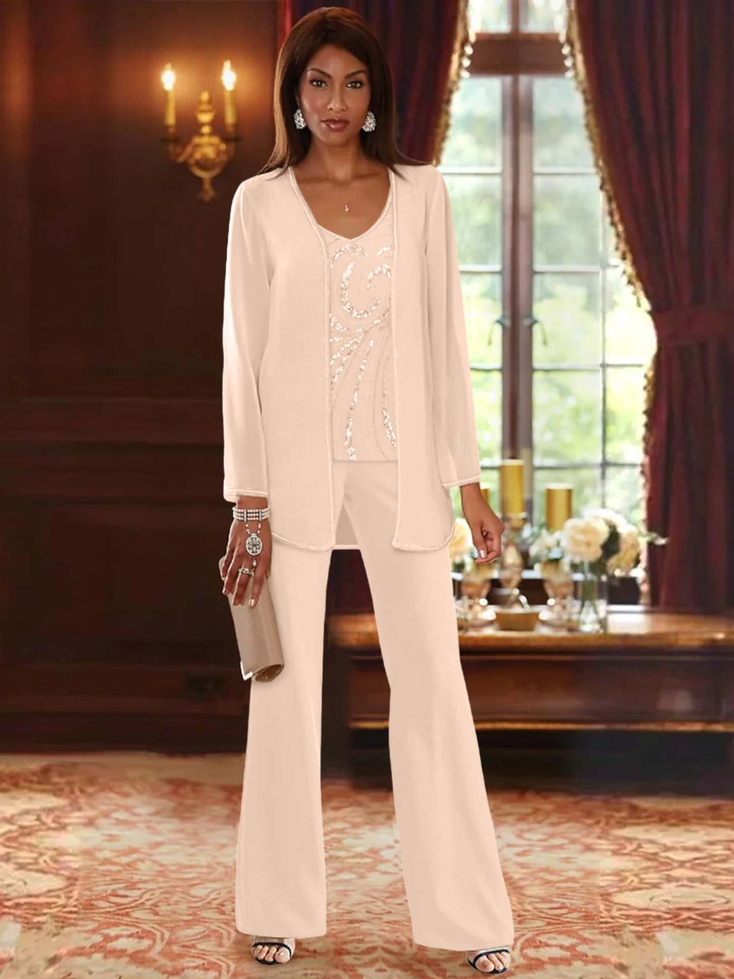 Floor-Length V-Neck Chiffon Pantsuits with Jacket & Sequins for the Mother of the Bride-BMbridal