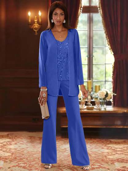 Floor-Length V-Neck Chiffon Pantsuits with Jacket & Sequins for the Mother of the Bride-BMbridal
