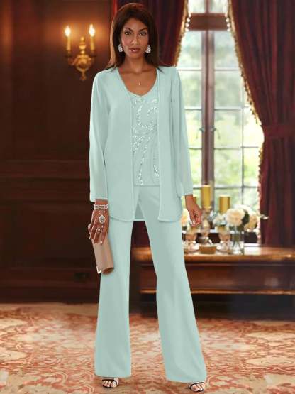 Floor-Length V-Neck Chiffon Pantsuits with Jacket & Sequins for the Mother of the Bride-BMbridal
