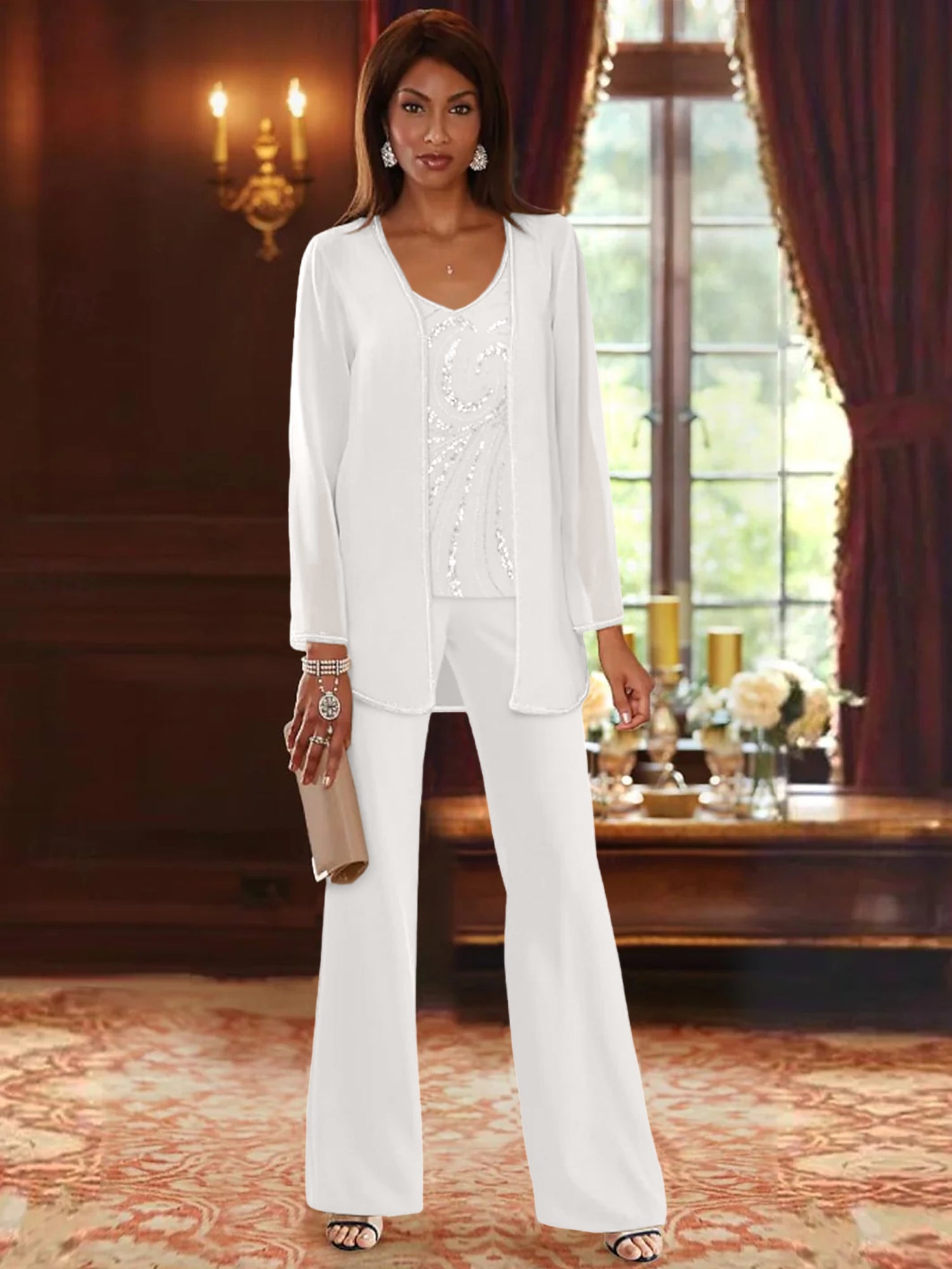 Floor-Length V-Neck Chiffon Pantsuits with Jacket & Sequins for the Mother of the Bride-BMbridal