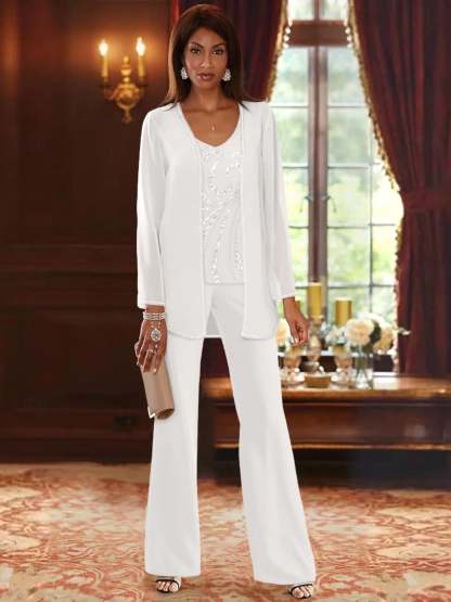 Floor-Length V-Neck Chiffon Pantsuits with Jacket & Sequins for the Mother of the Bride-BMbridal