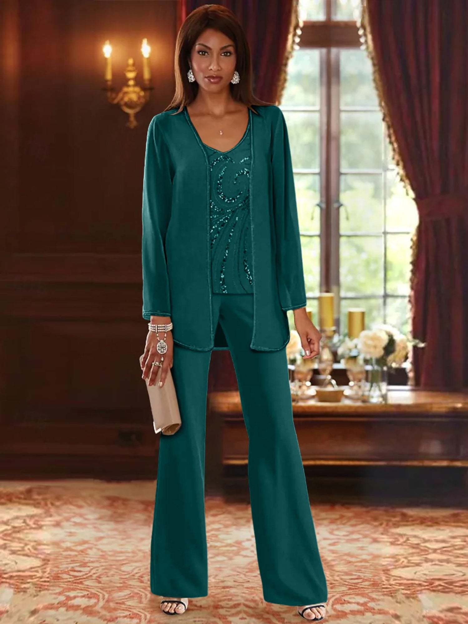 Floor-Length V-Neck Chiffon Pantsuits with Jacket & Sequins for the Mother of the Bride-BMbridal