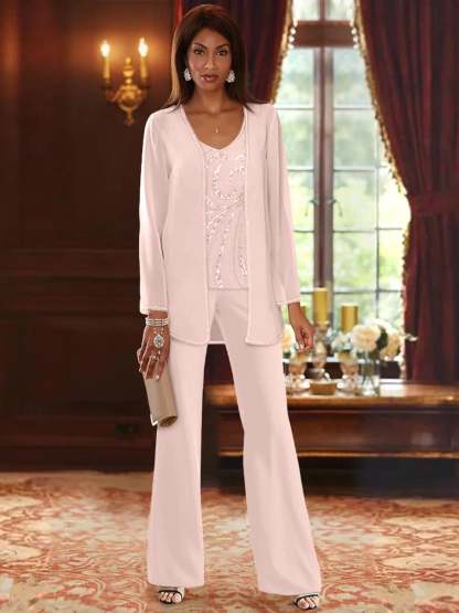 Floor-Length V-Neck Chiffon Pantsuits with Jacket & Sequins for the Mother of the Bride-BMbridal