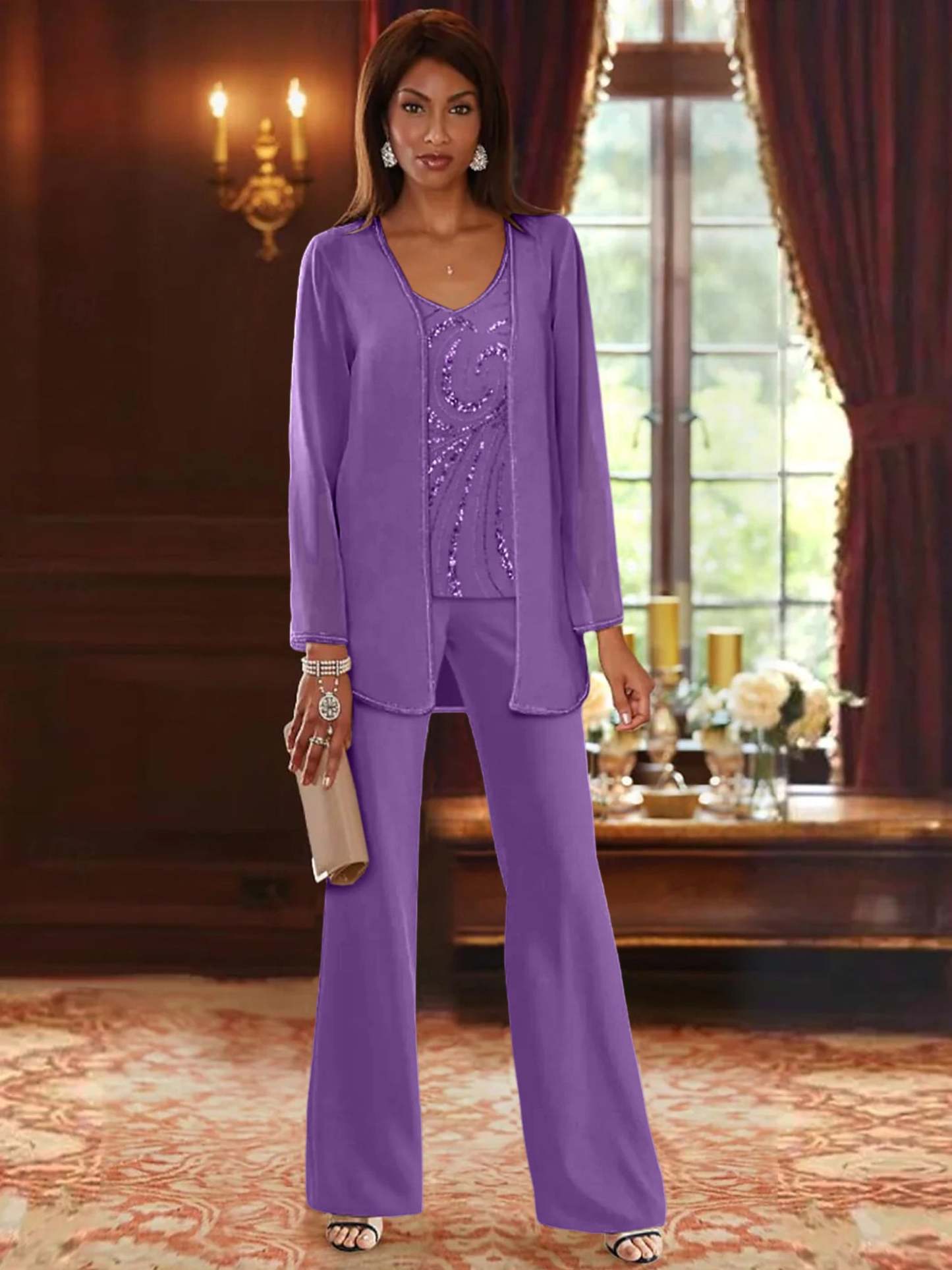 Floor-Length V-Neck Chiffon Pantsuits with Jacket & Sequins for the Mother of the Bride-BMbridal