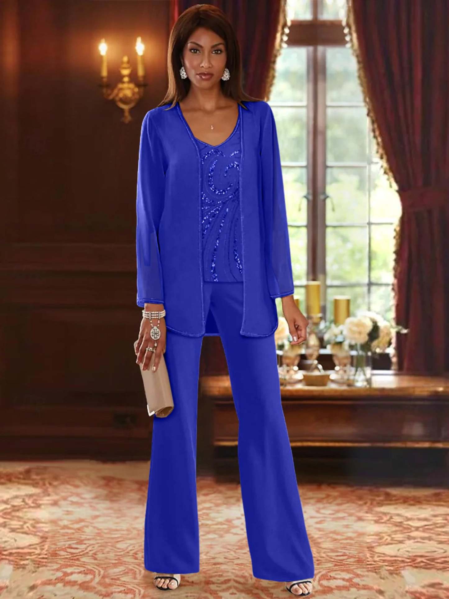 Floor-Length V-Neck Chiffon Pantsuits with Jacket & Sequins for the Mother of the Bride-BMbridal