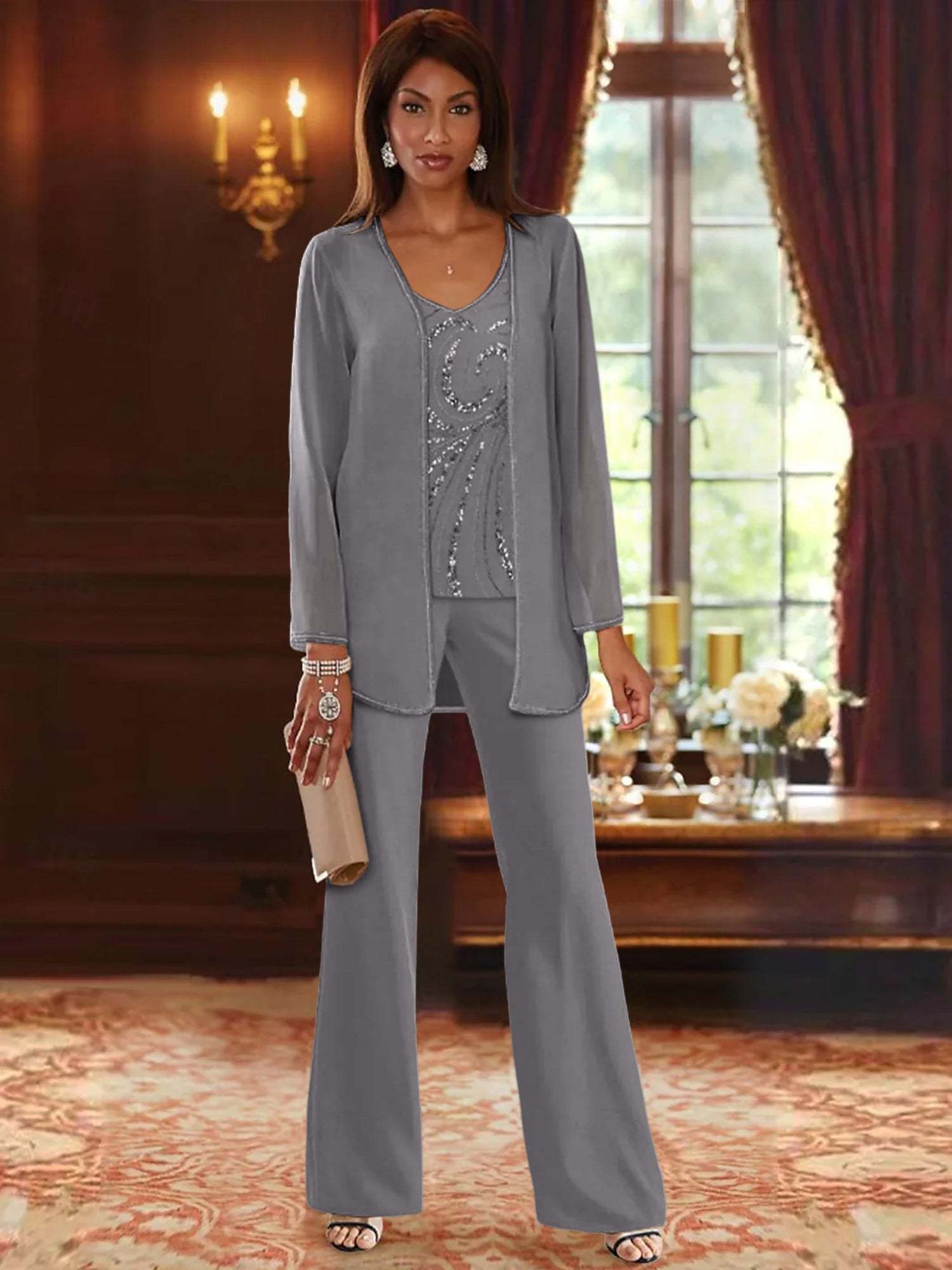 Floor-Length V-Neck Chiffon Pantsuits with Jacket & Sequins for the Mother of the Bride-BMbridal