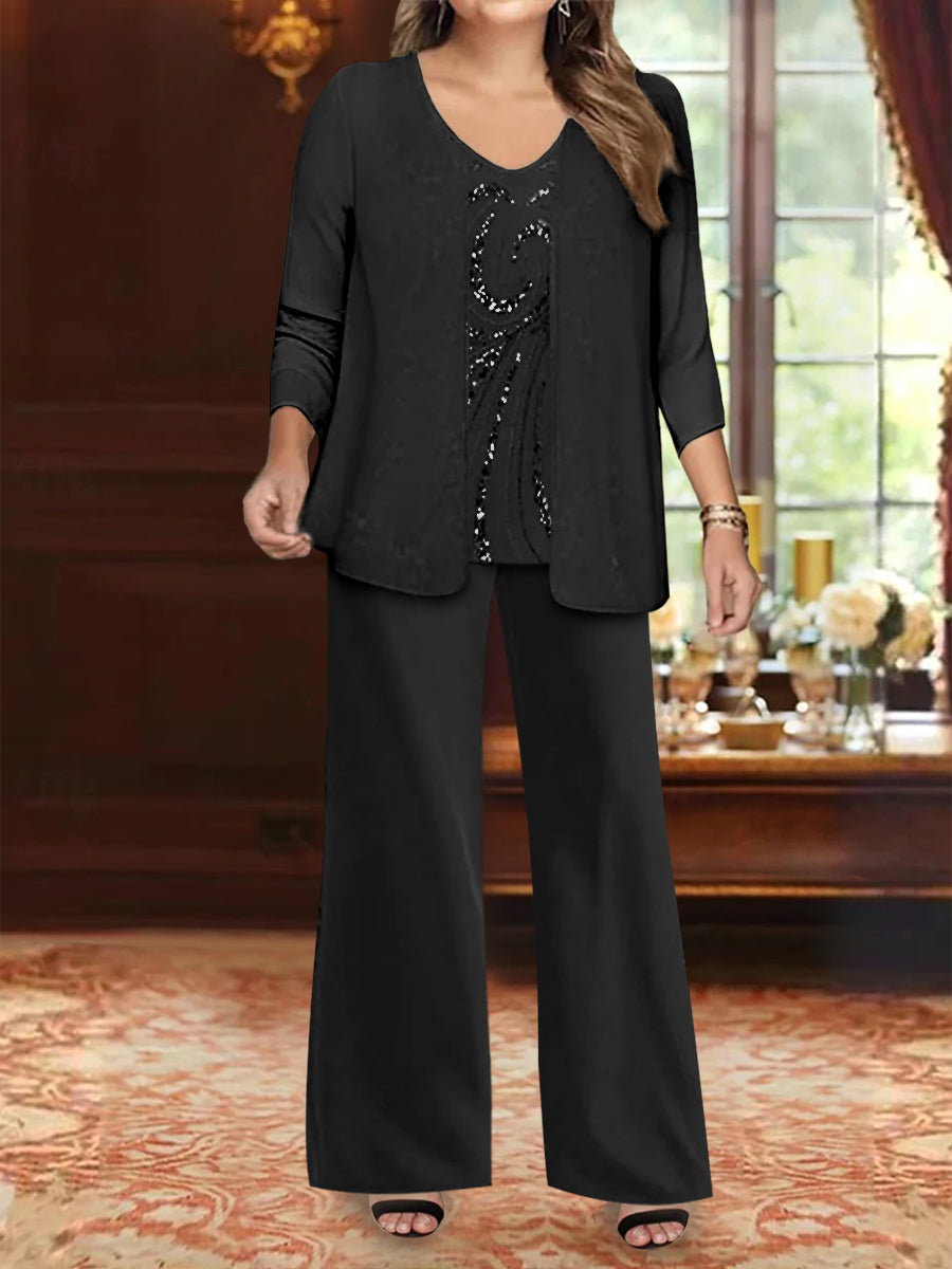 Plus Size 3-Piece Mother of the Bride Chiffon Pantsuit with V-Neck Floor-Length Jacket & Sequins-BMbridal