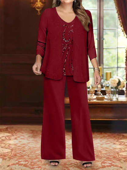 Plus Size 3-Piece Mother of the Bride Chiffon Pantsuit with V-Neck Floor-Length Jacket & Sequins-BMbridal