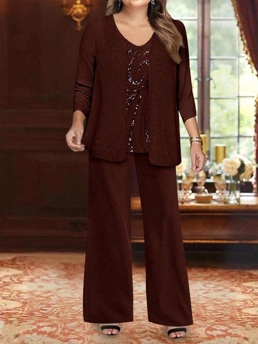 Plus Size 3-Piece Mother of the Bride Chiffon Pantsuit with V-Neck Floor-Length Jacket & Sequins-BMbridal