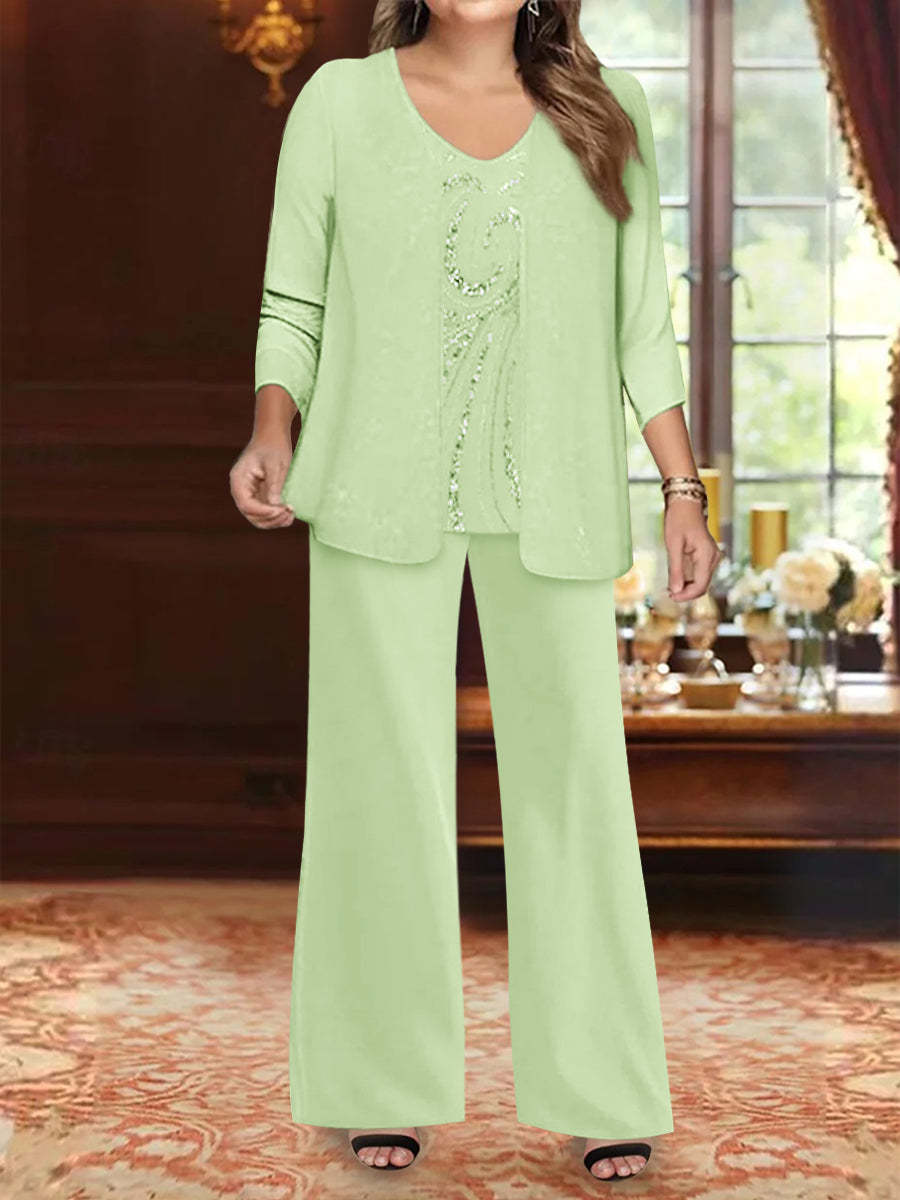 Plus Size 3-Piece Mother of the Bride Chiffon Pantsuit with V-Neck Floor-Length Jacket & Sequins-BMbridal