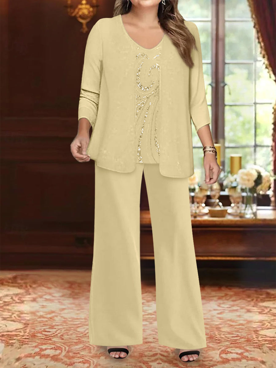 Plus Size 3-Piece Mother of the Bride Chiffon Pantsuit with V-Neck Floor-Length Jacket & Sequins-BMbridal