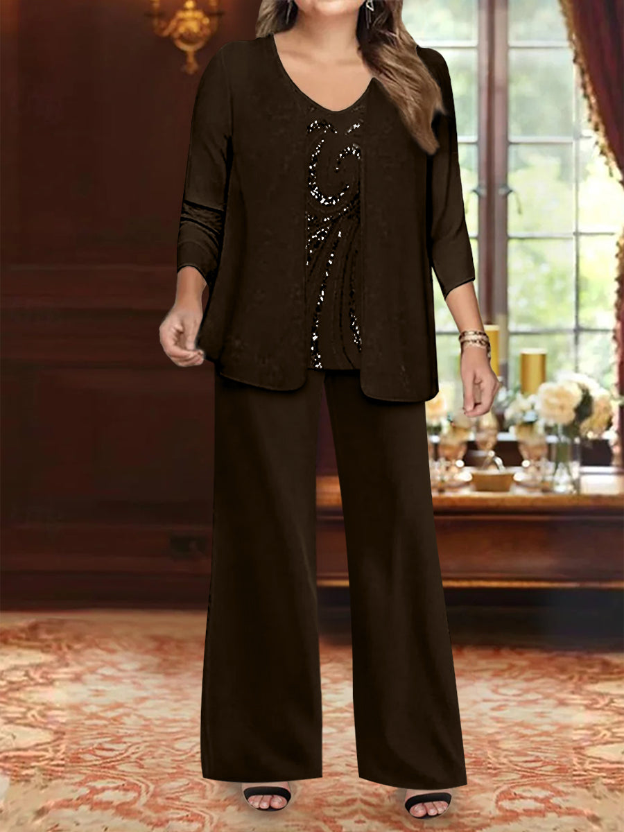 Plus Size 3-Piece Mother of the Bride Chiffon Pantsuit with V-Neck Floor-Length Jacket & Sequins-BMbridal