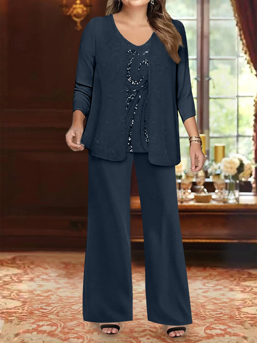 Plus Size 3-Piece Mother of the Bride Chiffon Pantsuit with V-Neck Floor-Length Jacket & Sequins-BMbridal