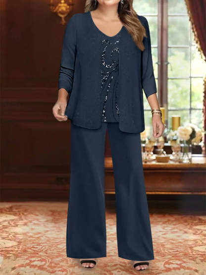 Plus Size 3-Piece Mother of the Bride Chiffon Pantsuit with V-Neck Floor-Length Jacket & Sequins-BMbridal