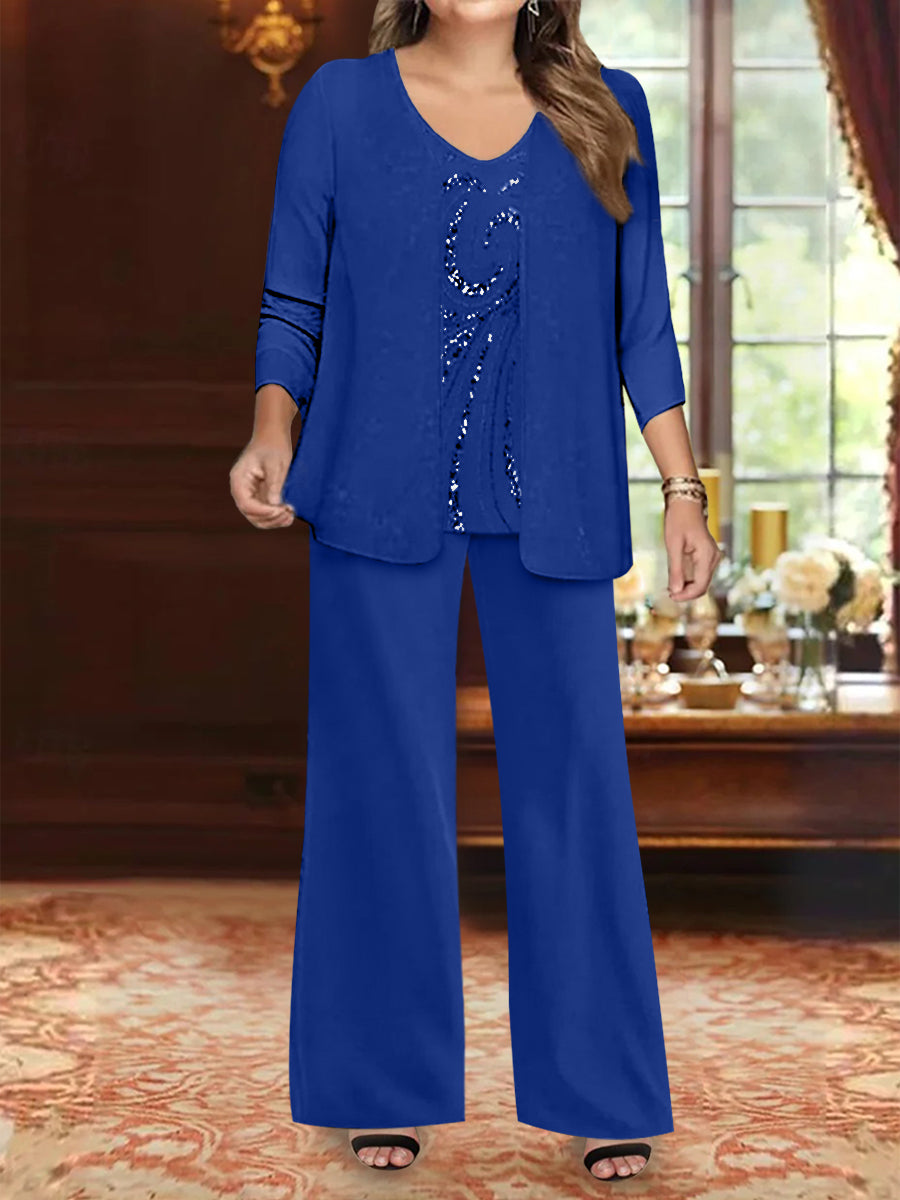 Plus Size 3-Piece Mother of the Bride Chiffon Pantsuit with V-Neck Floor-Length Jacket & Sequins-BMbridal