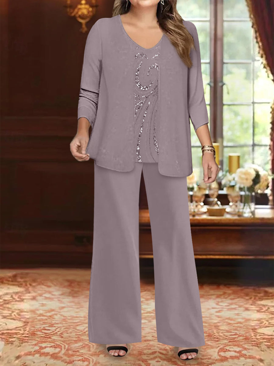 Plus Size 3-Piece Mother of the Bride Chiffon Pantsuit with V-Neck Floor-Length Jacket & Sequins-BMbridal