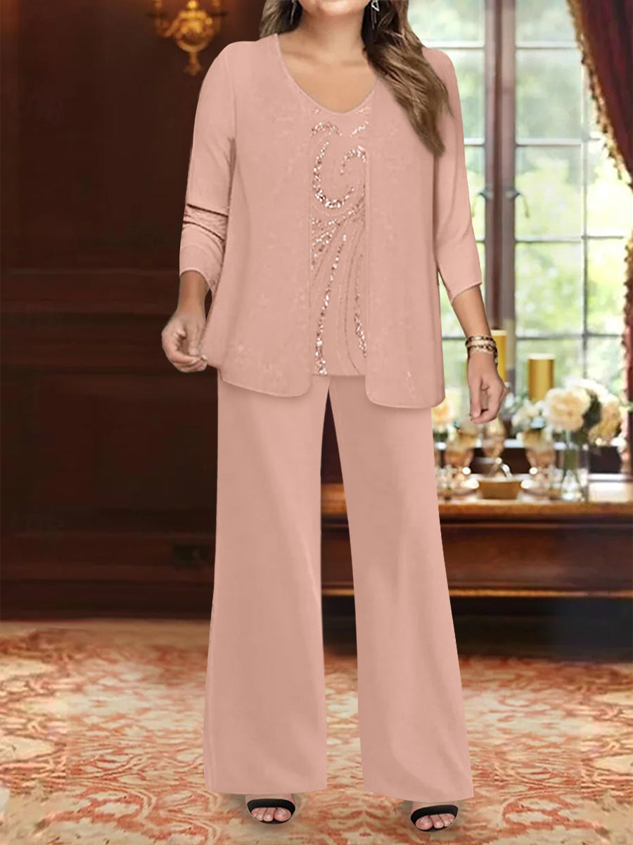 Plus Size 3-Piece Mother of the Bride Chiffon Pantsuit with V-Neck Floor-Length Jacket & Sequins-BMbridal