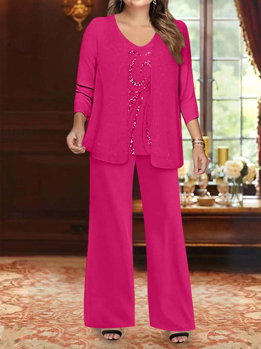 Plus Size 3-Piece Mother of the Bride Chiffon Pantsuit with V-Neck Floor-Length Jacket & Sequins-BMbridal