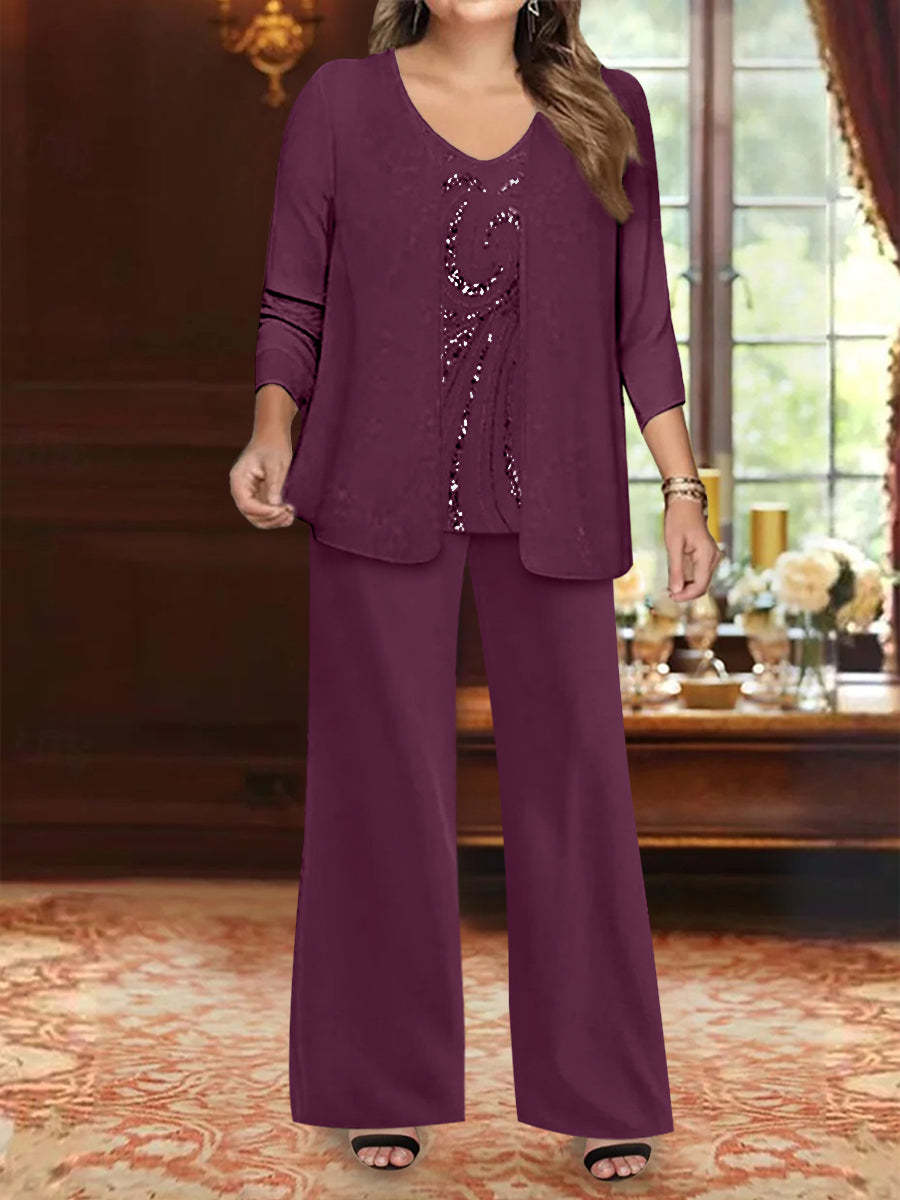 Plus Size 3-Piece Mother of the Bride Chiffon Pantsuit with V-Neck Floor-Length Jacket & Sequins-BMbridal