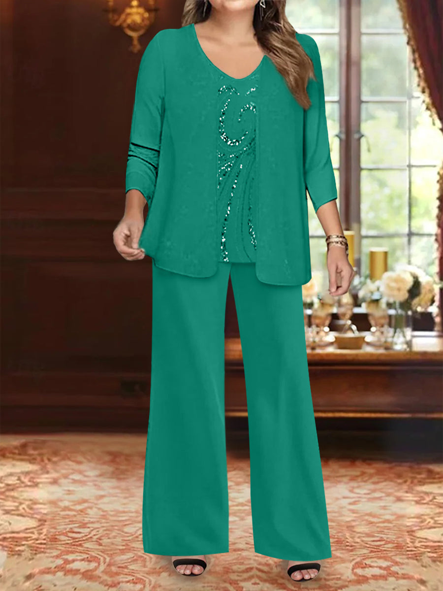 Plus Size 3-Piece Mother of the Bride Chiffon Pantsuit with V-Neck Floor-Length Jacket & Sequins-BMbridal