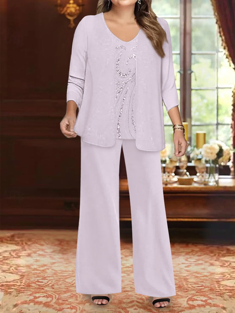 Plus Size 3-Piece Mother of the Bride Chiffon Pantsuit with V-Neck Floor-Length Jacket & Sequins-BMbridal