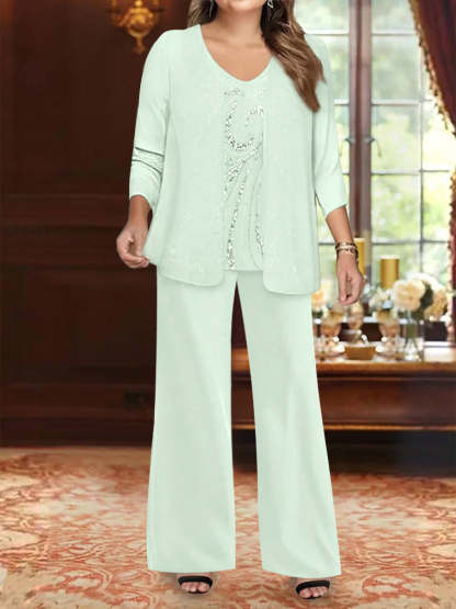 Plus Size 3-Piece Mother of the Bride Chiffon Pantsuit with V-Neck Floor-Length Jacket & Sequins-BMbridal