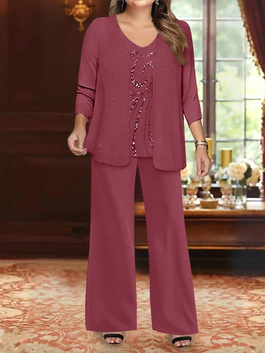 Plus Size 3-Piece Mother of the Bride Chiffon Pantsuit with V-Neck Floor-Length Jacket & Sequins-BMbridal