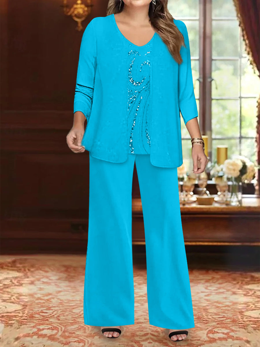 Plus Size 3-Piece Mother of the Bride Chiffon Pantsuit with V-Neck Floor-Length Jacket & Sequins-BMbridal