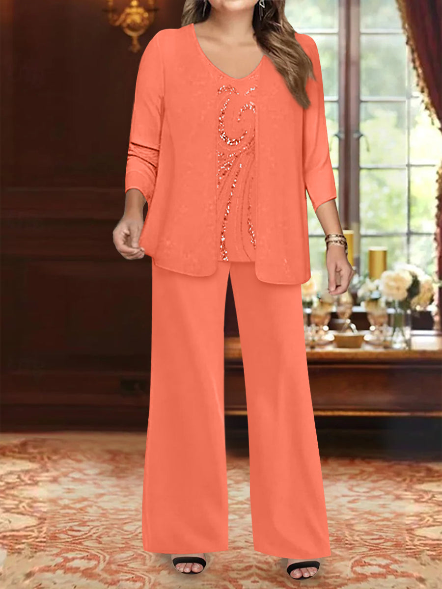 Plus Size 3-Piece Mother of the Bride Chiffon Pantsuit with V-Neck Floor-Length Jacket & Sequins-BMbridal