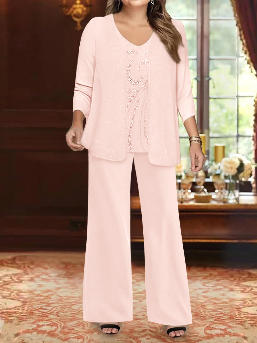 Plus Size 3-Piece Mother of the Bride Chiffon Pantsuit with V-Neck Floor-Length Jacket & Sequins-BMbridal