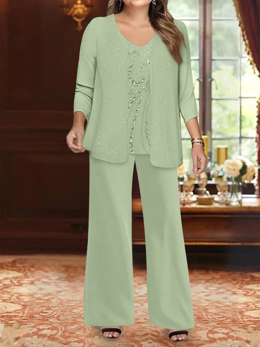 Plus Size 3-Piece Mother of the Bride Chiffon Pantsuit with V-Neck Floor-Length Jacket & Sequins-BMbridal