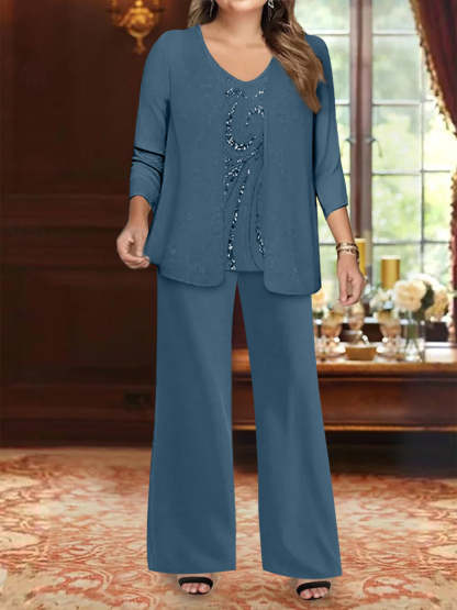 Plus Size 3-Piece Mother of the Bride Chiffon Pantsuit with V-Neck Floor-Length Jacket & Sequins-BMbridal