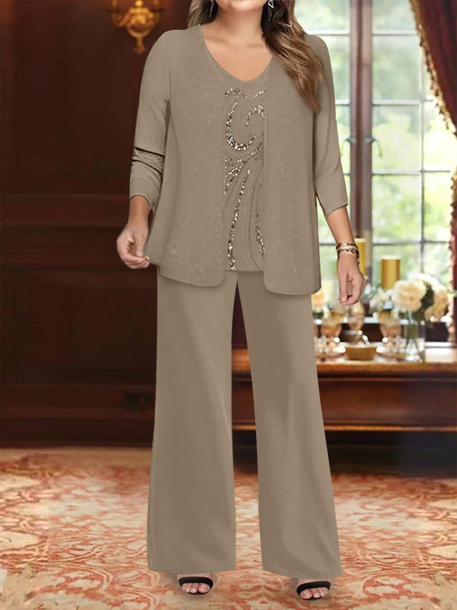 Plus Size 3-Piece Mother of the Bride Chiffon Pantsuit with V-Neck Floor-Length Jacket & Sequins-BMbridal