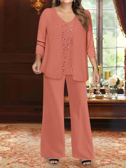 Plus Size 3-Piece Mother of the Bride Chiffon Pantsuit with V-Neck Floor-Length Jacket & Sequins-BMbridal