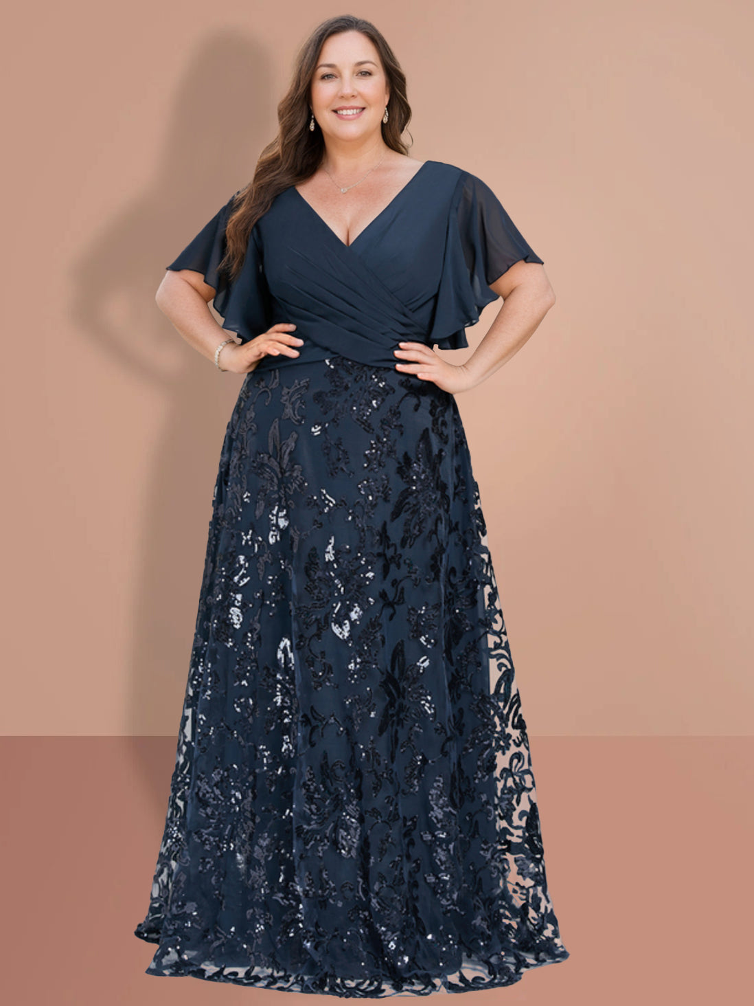 Plus Size V-Neck A-Line Princess Floor-Length Mother of the Bride Dress with Short Sleeves and Sequins-BMbridal