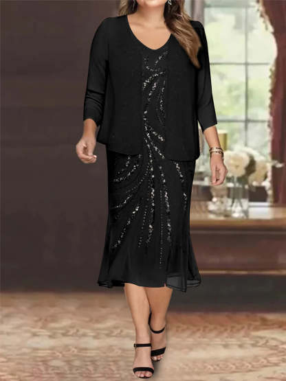 Plus Size V-Neck Chiffon Mother of the Bride Dress Set with Jacket and Sequins Knee-Length-BMbridal