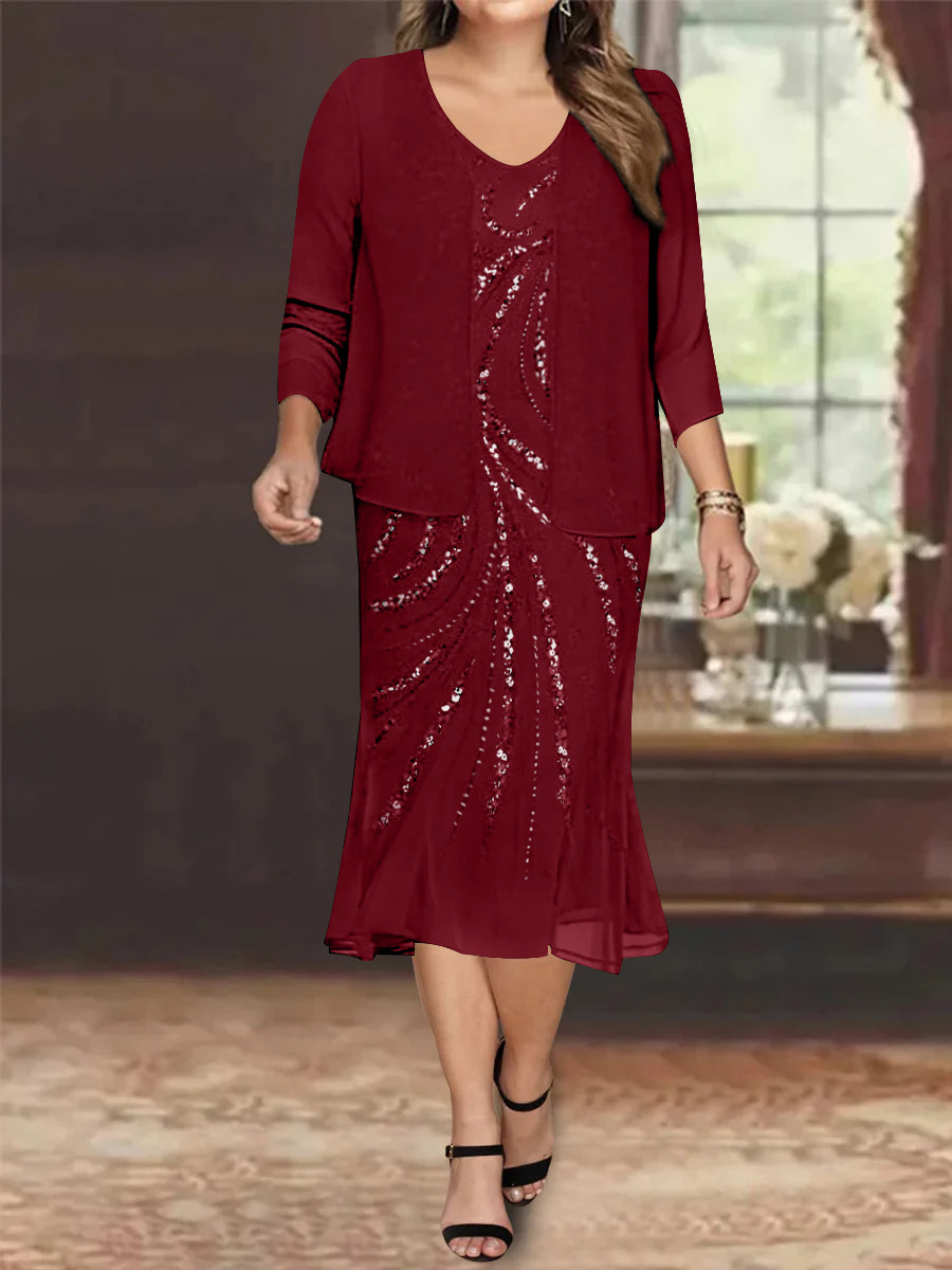 Plus Size V-Neck Chiffon Mother of the Bride Dress Set with Jacket and Sequins Knee-Length-BMbridal