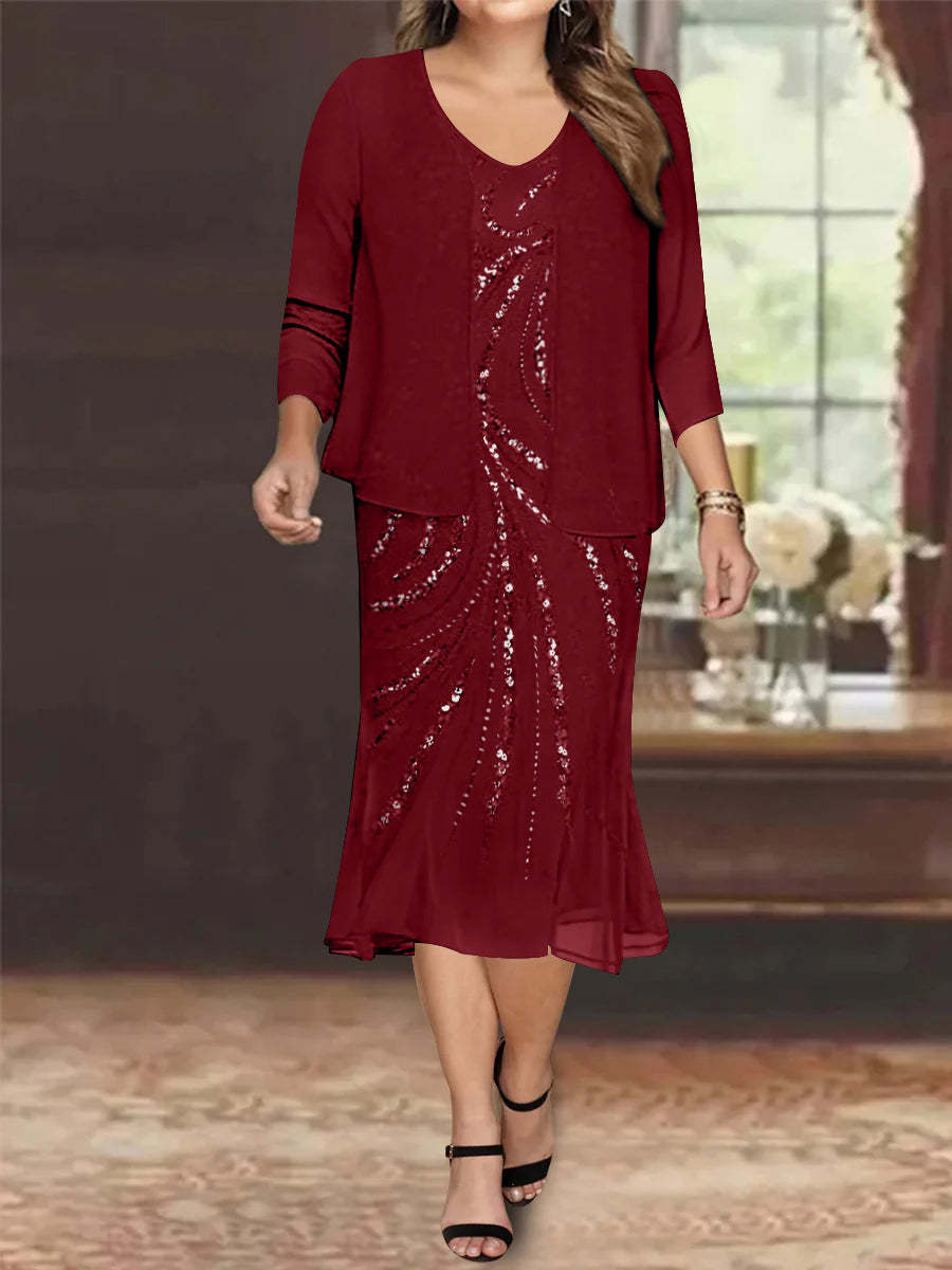 Plus Size V-Neck Chiffon Mother of the Bride Dress Set with Jacket and Sequins Knee-Length-BMbridal